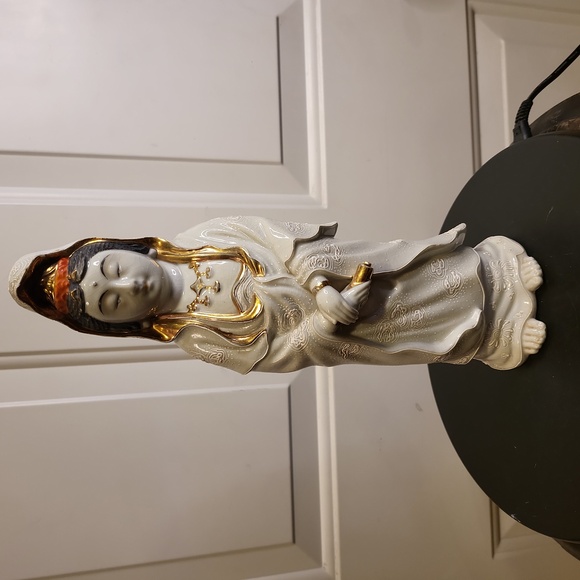 Japanese Kutani Pottery Statue Buddha Kannon Bodhisattva Porcelain Bisque Signed - Picture 1 of 10